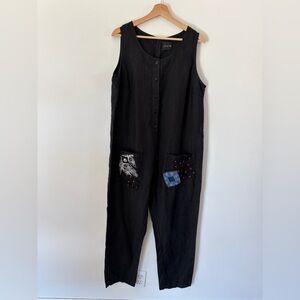 OFFON Black Linen Button Front Sleeveless Jumpsuit With Patches Size Medium